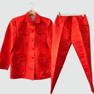 Red Mandarin Suit Set Medium‎ Blazer Tapered Pants Brocade Chinese Traditional